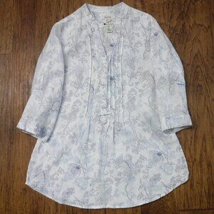 I love Linen 100% Linen Blue Floral on White Roll Tab 3/4 Sleeve Blouse